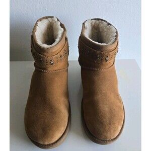 UGG Jadine Deco Studs Studded Chestnut Suede Fur Buckle Mini Boots US 11 Womens